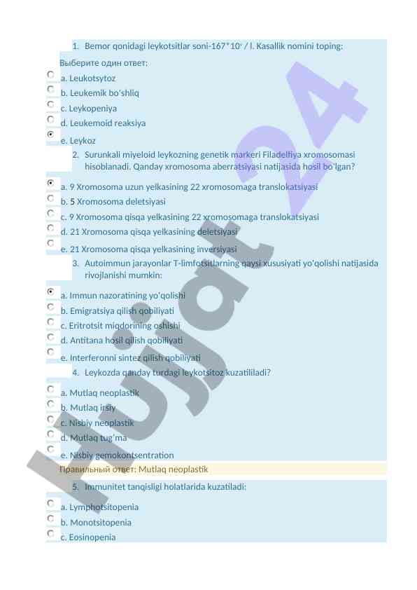 Leykoz va immun jarayonlar haqida savollar