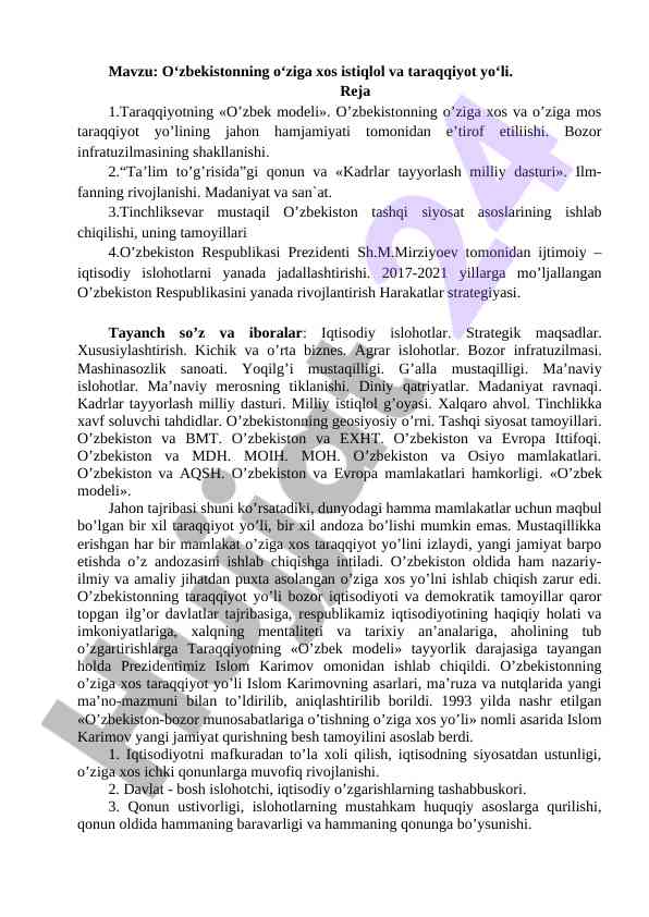 O‘zbekiston istiqlol va taraqqiyot yo‘li tahlili