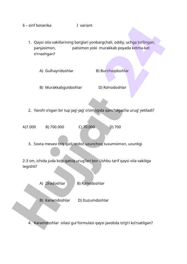 6-sinf botanika test savollari