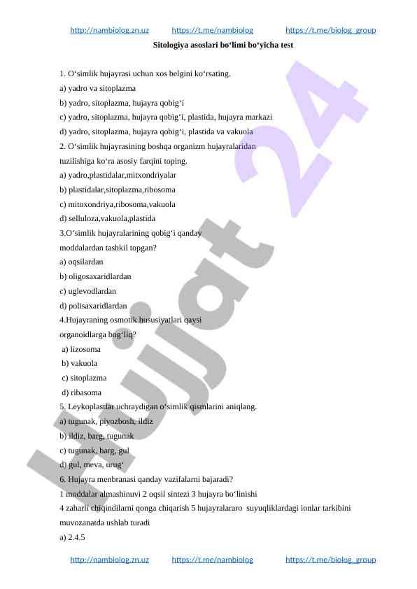 Oʻsimlik hujayrasi asoslari testi