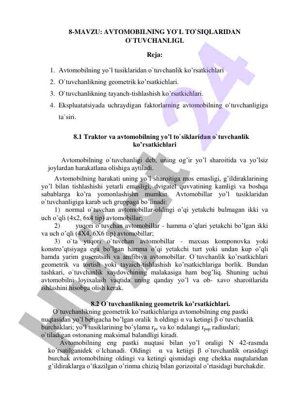 Avtomobilning yo’l to‘siklaridan o‘tuvchanligi