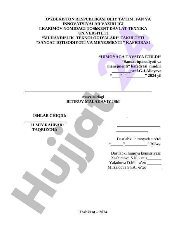 Sanoat iqtisodiyoti va menejmenti bitiruv malakaviy ish