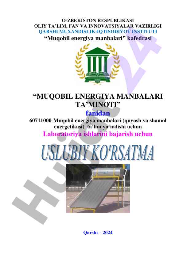 Muqobil energiya manbalari ta'minoti laboratoriya ishlari