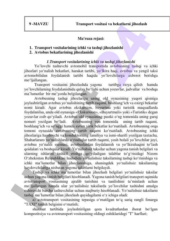 Transport vositalari va bekatlarni jihozlash ma'ruza