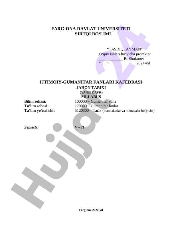 Jahon tarixi darsligi sillabusining tuziilishi