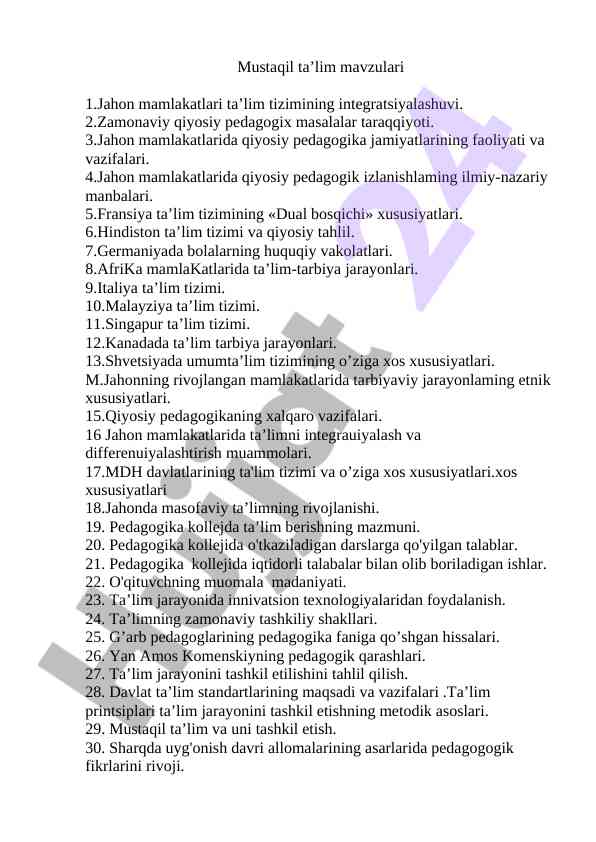 Jahon mamlakatlari ta'lim tizimlari integratsiyasi