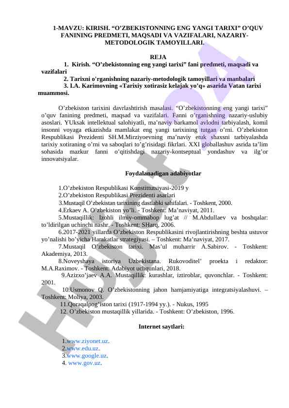O'zbekistonning eng yangi tarixi o'quv fani rejasi