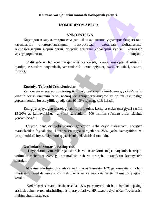 Korxona xarajatlarini samarali boshqarish yoʻllari