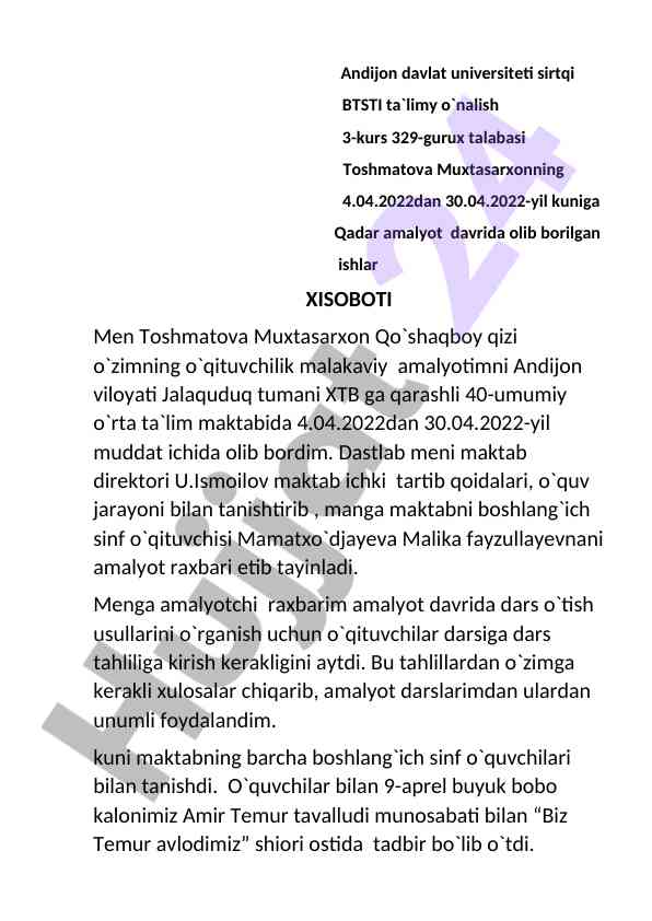 O'qituvchilik malakaviy amalyoti hisoboti