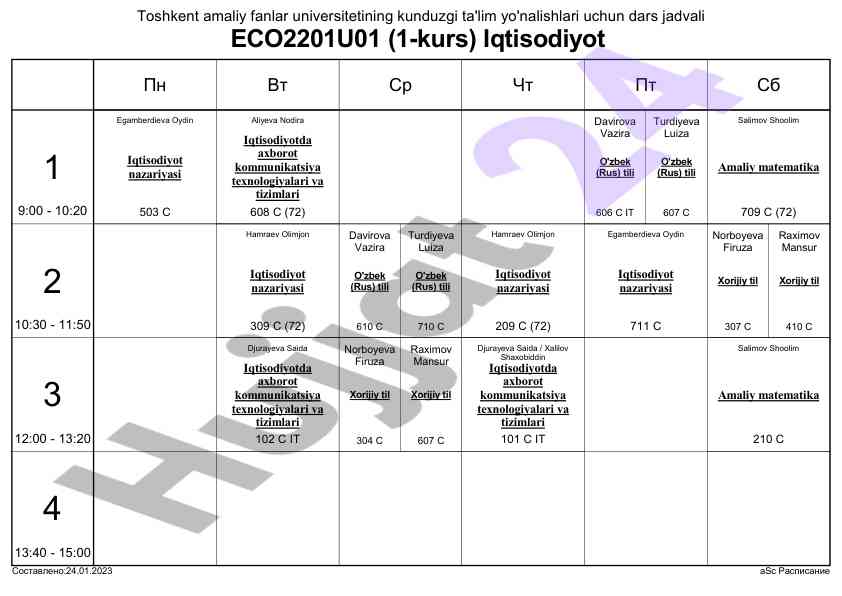 Iqtisodiyotda axborot texnologiyalari dars jadvali
