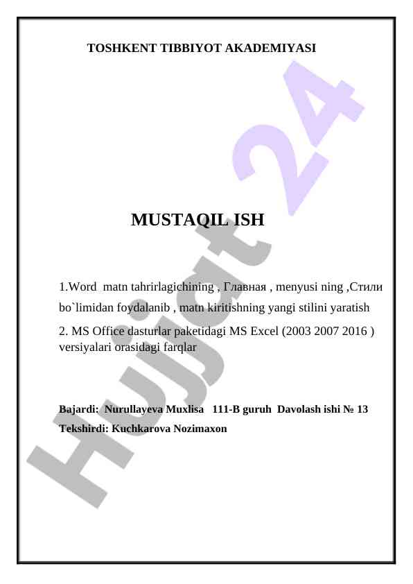 Ms office dasturlari bo'yicha mustaqil ish