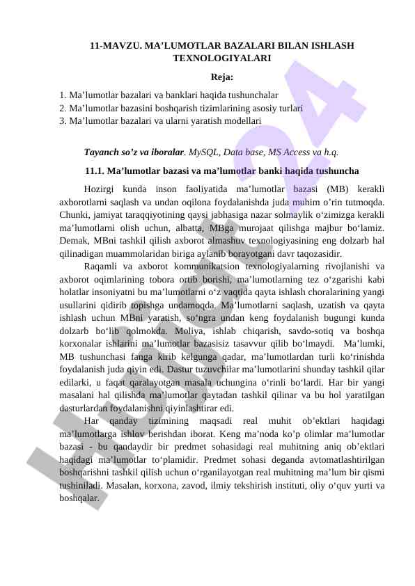 Ma’lumotlar bazalari bilan ishlash texnologiyalari