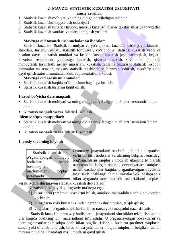 Statistik kuzatish uslubiyati muhim savollar
