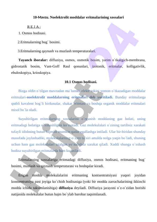 Noelektrolit moddalar eritmalarining xossalari