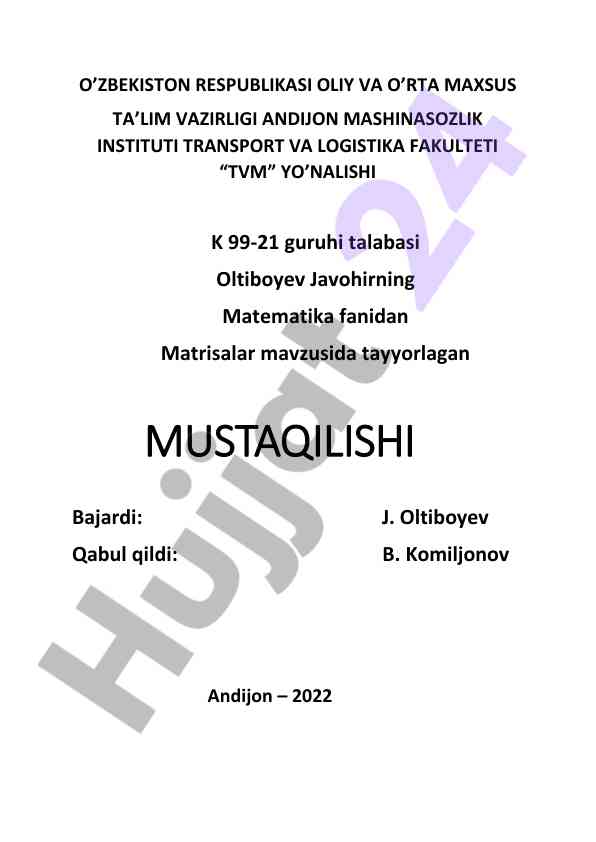 Matritsalar mavzusida mustaqil ish
