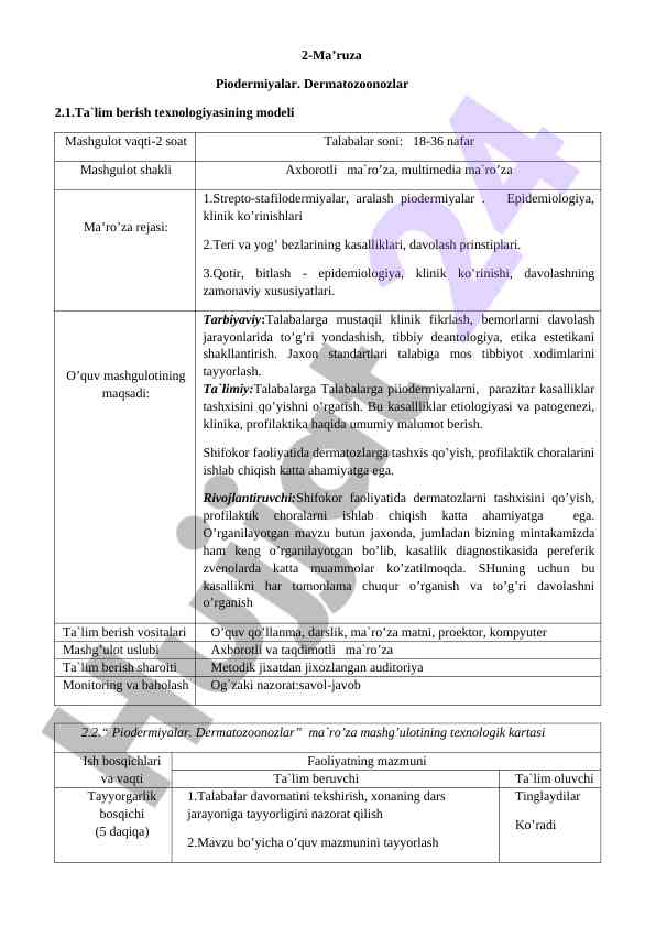 Piodermiyalar va dermatozoonozlar ta’limi