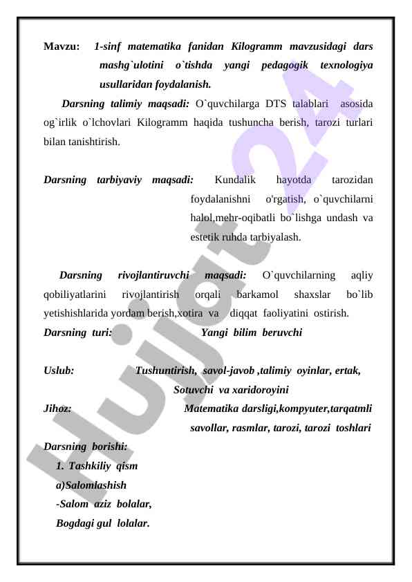 Kilogramm mavzusida dars mashg'ulotini o'tkazish