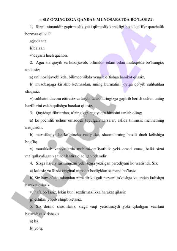 Test for self-assessment of personal attitudes