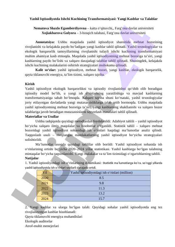 Yashil iqtisodiyotda ishchi kuchining transformatsiyasi