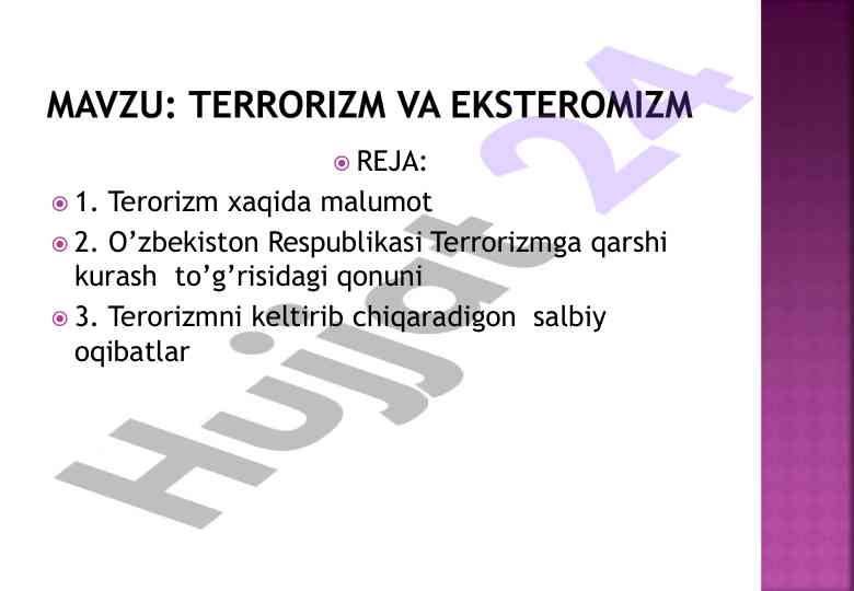 Terorizm xaqida maʼlumot va oʻzbek modeli