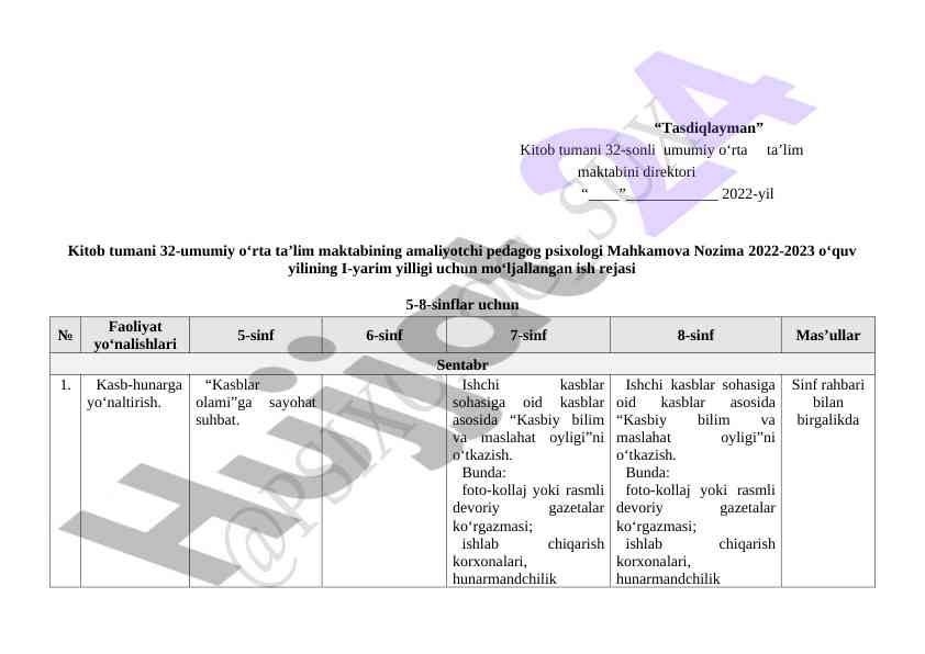 Psixologik ish rejasi 5-11 sinflar uchun