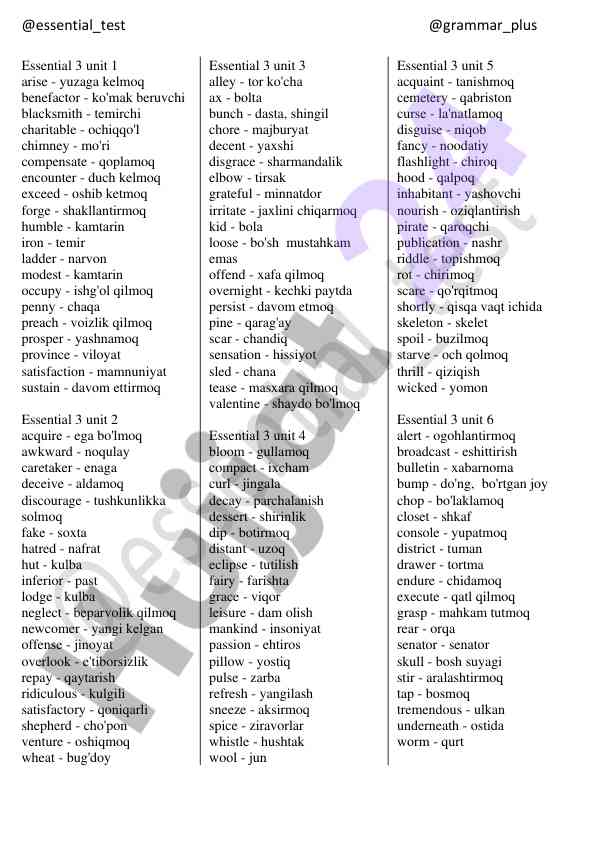 Essential vocabulary units and translations