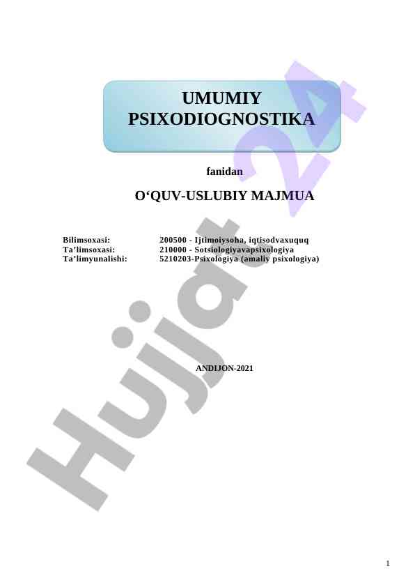 O‘quv-uslubiy majmua psixodiagnostika fani