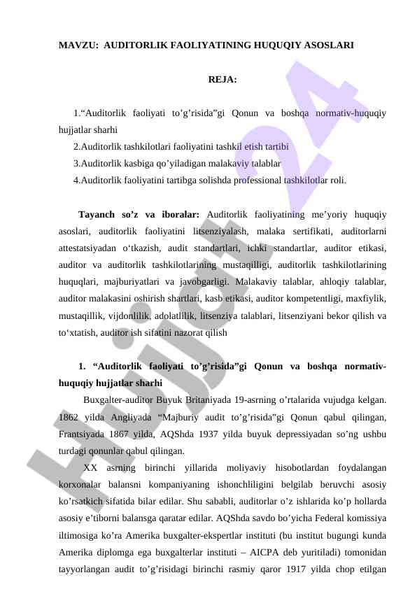 Auditorlik faoliyatining huquqiy asoslari tahlili