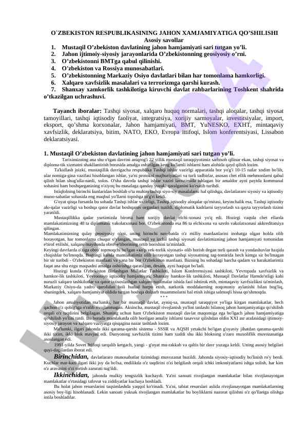 O'zbekistonning jahon hamjamiyatiga qo'shilishi