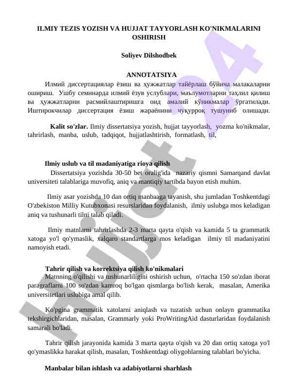 Ilmiy tezis yozish va hujjat tayyorlash ko'nikmalari