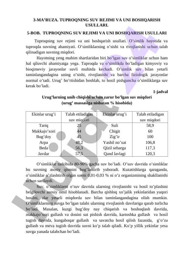 Tuproqning suv rejimi va boshqarish usullari