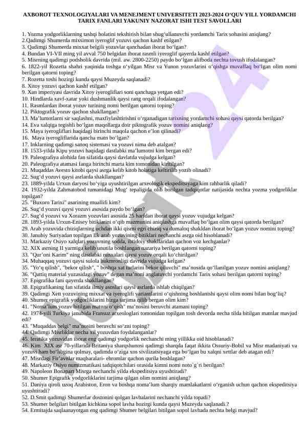Tarix fanlari yakuniy nazorat ishida test savollari