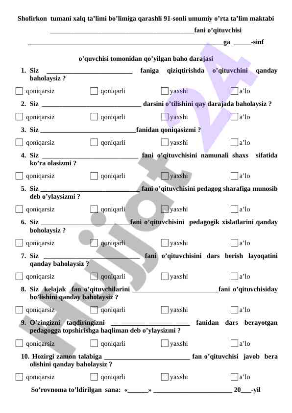 O`qituvchi baholash so`rovnomasi