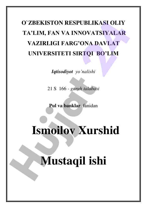 Pul massasi va pul agregatlari haqida mustaqil ish