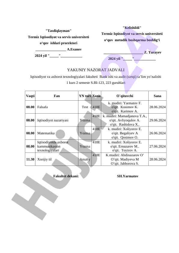 Yakuniy nazorat jadvali iqtisodiyot fakulteti