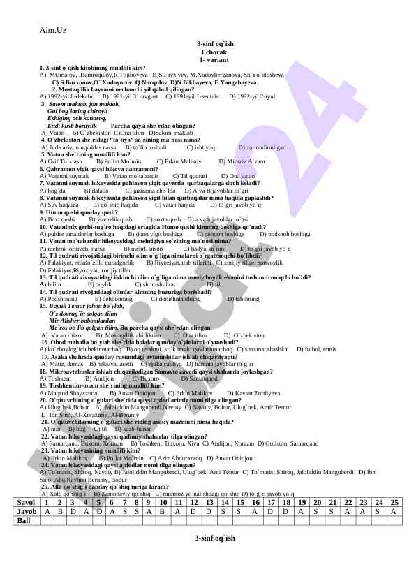 3-sinf oqish testlari i chorak 1-variant