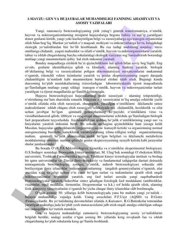 Gen va hujayralar muhandisligi fanining ahmiyati
