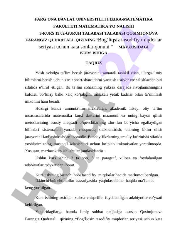 Kata sonlar qonuni mavzusidagi kurs ishiga taqriz