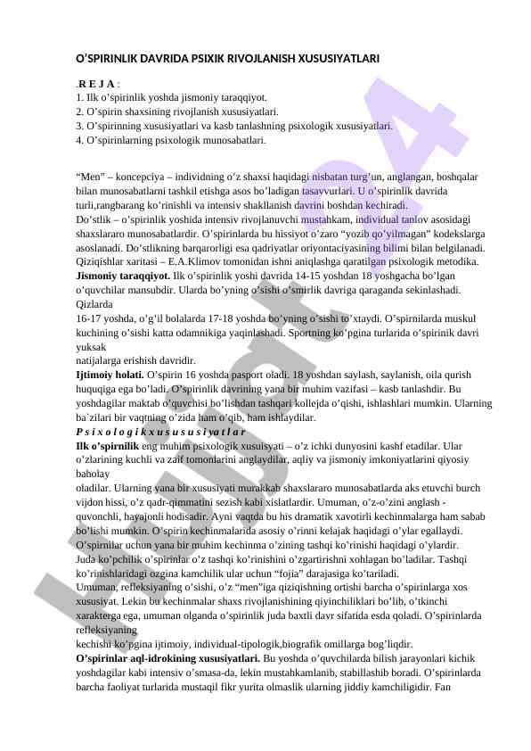 O’spirinlik davrida psixik rivojlanish xususiyatlari