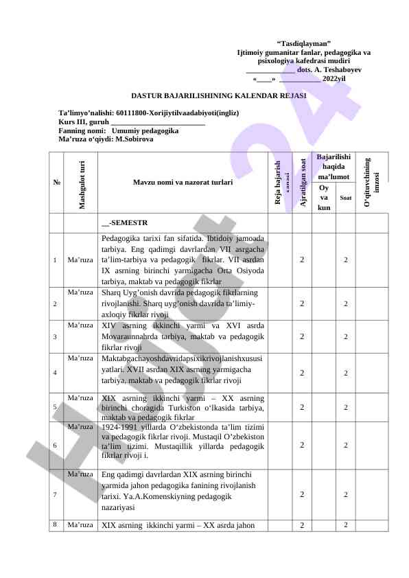 Umumiy pedagogika ma’ruza o‘qishi rejasi 2022