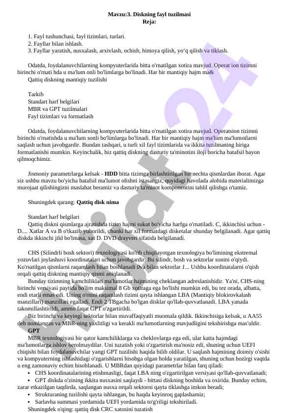 Disk fayl tuzilmasi haqida ma'lumotlar