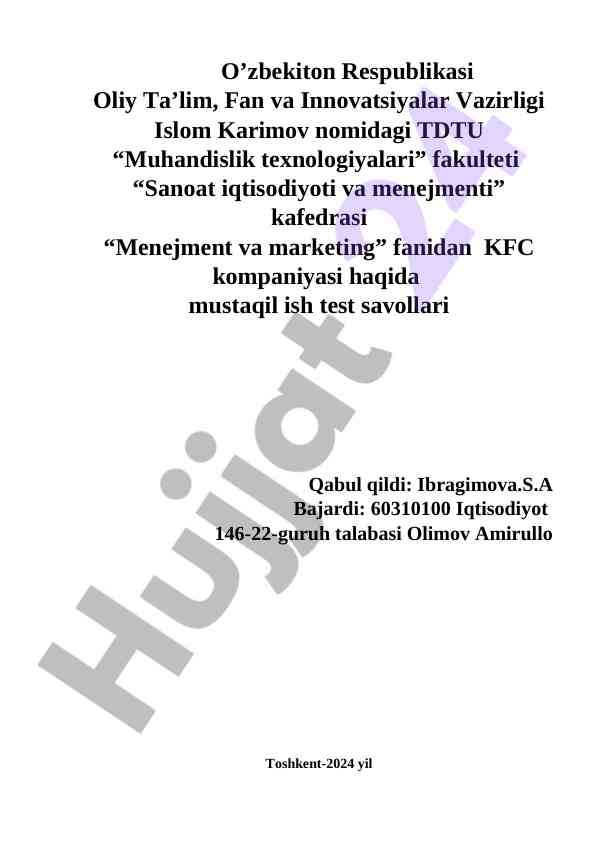 Kfc kompaniyasi haqida mustaqil ish test savollari