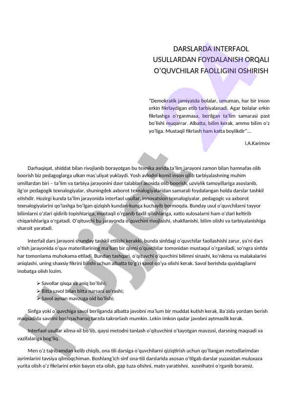 Darslarda interfaol usullardan foydalanish o'quvchilarda