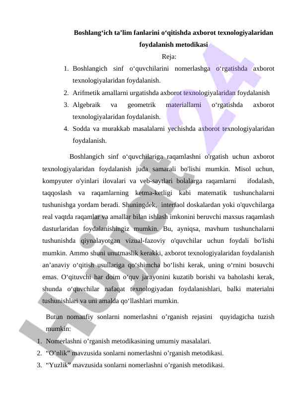 Axborot texnologiyalarining boshlang‘ich ta’limda foydalanishi