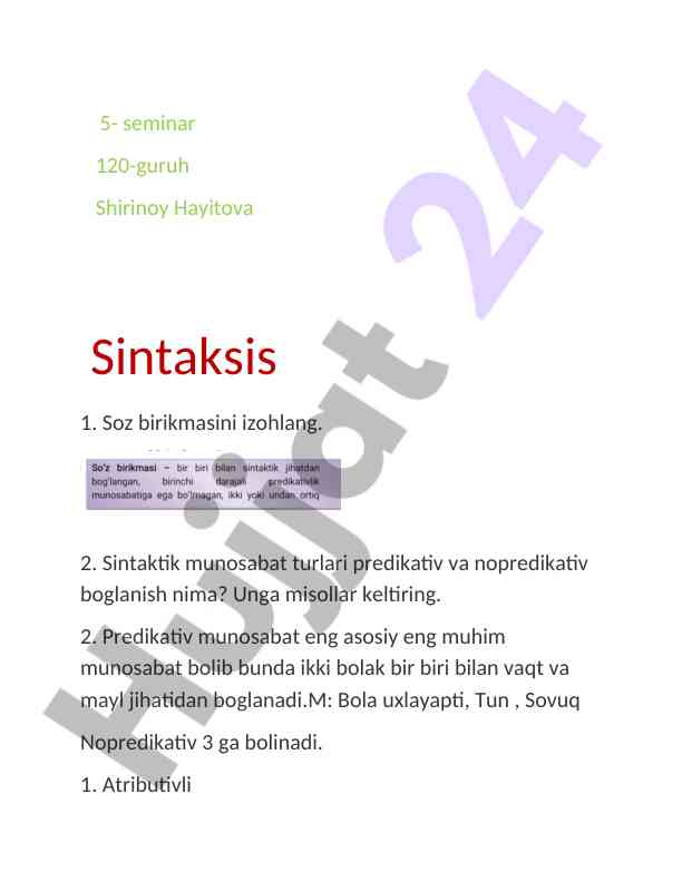 Sintaksis fani bo'yicha dars ishlanmasi