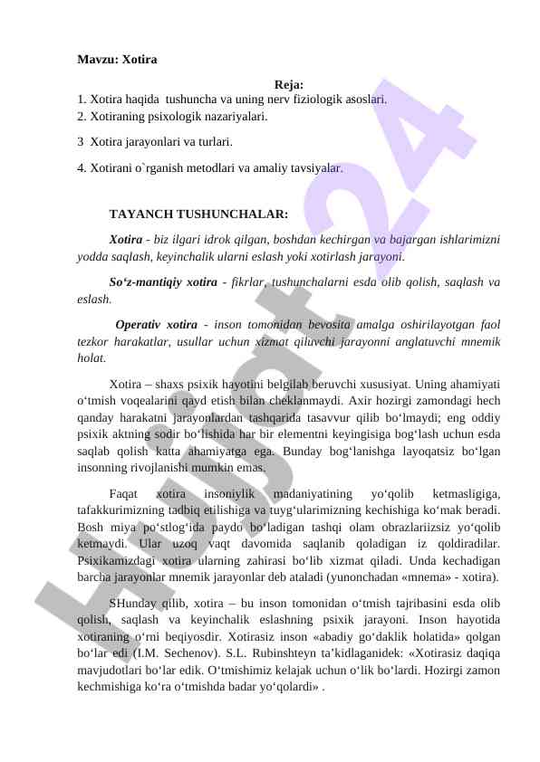Xotira tushunchalari va psixologiya darslari
