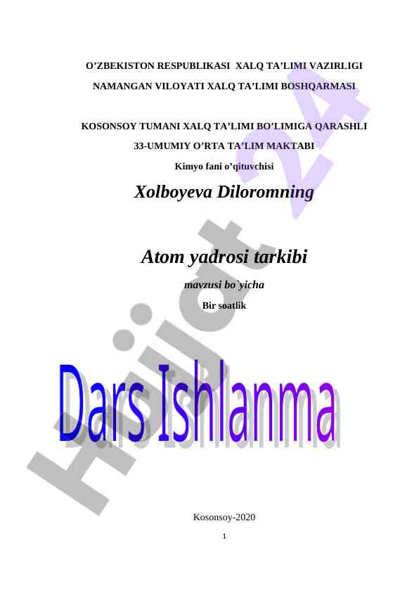Kimyo fanidan o'qituvchilar uchun dars ishlanma