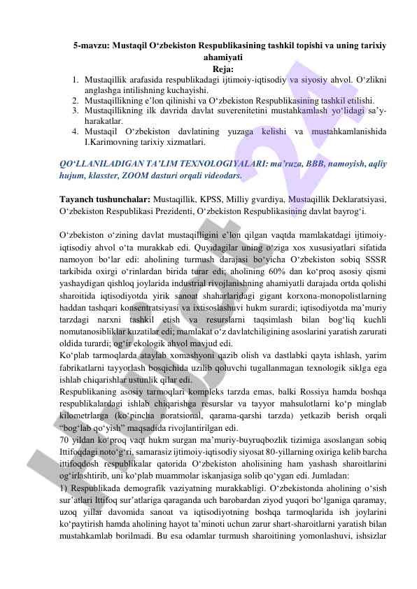 Mustaqil o‘zbekiston respublikasining tashkil topishi