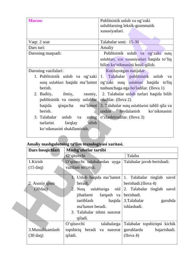 Amaliy mashgulot texnologiyasi va uslubiy xususiyatlar