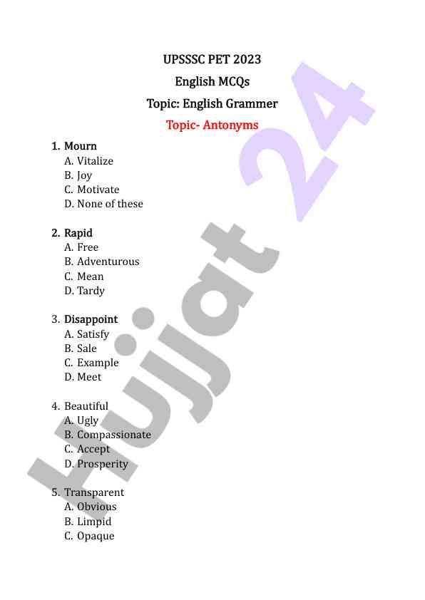 Upsssc pet 2023 english mcqs on antonyms and synonyms